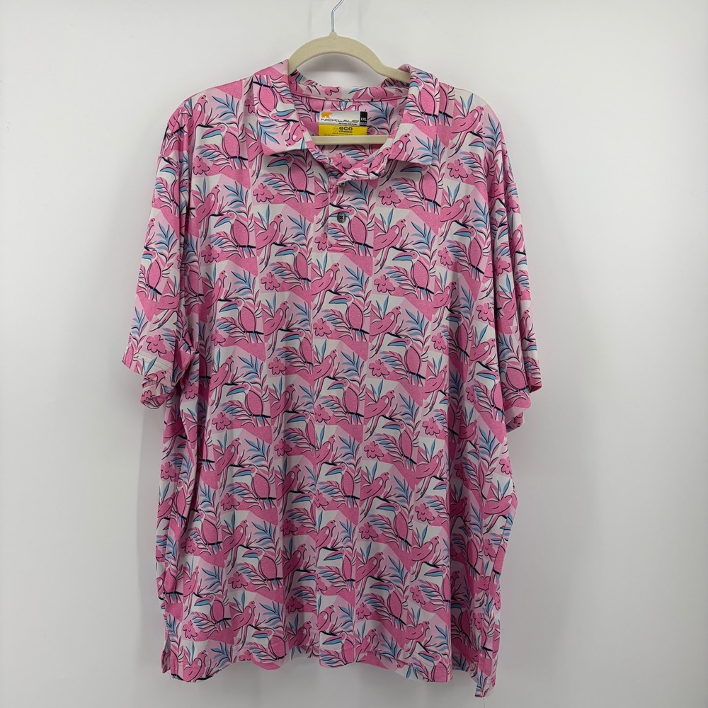 Nicklaus Polo‎ Shirt Pink Mens XXL Eco Choice Tropical Flamingo Bird Print Golf